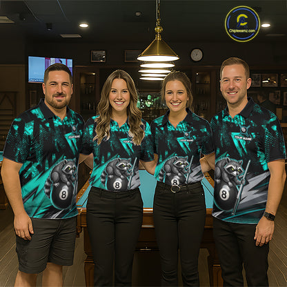 Matching Turquoise Funny Raccoon billiard jerseys for men and women, family pool team apparel, APA BCA tournament uniforms, mascot-inspired cue sports clothing, championship team jerseys representing friendship, harmony, optimism, adventure and collaborative team spirit