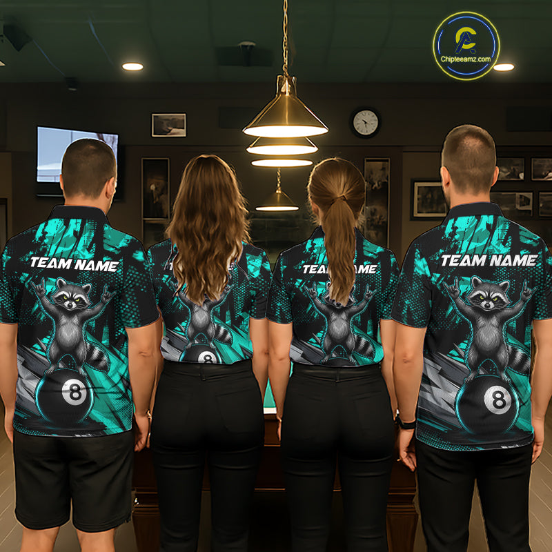 Matching Turquoise Funny Raccoon billiard jerseys for men and women, family pool team apparel, APA BCA tournament uniforms, mascot-inspired cue sports clothing, championship team jerseys representing friendship, harmony, optimism, adventure and collaborative team spirit