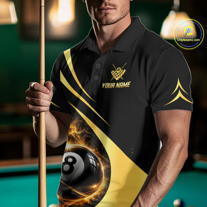 Personalized 8 Ball Fire Flame Billiard Team Jerseys Yellow Billiard Pool Shirts For Men NYN4028