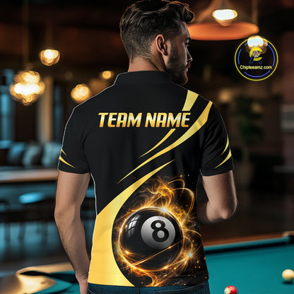 Personalized 8 Ball Fire Flame Billiard Team Jerseys Yellow Billiard Pool Shirts For Men NYN4028