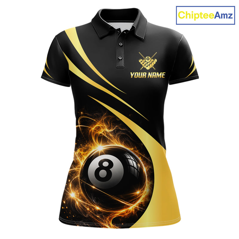 Personalized 8 Ball Fire Flame Billiard Team Jerseys Yellow Billiard Pool Shirts For Women NYN4028