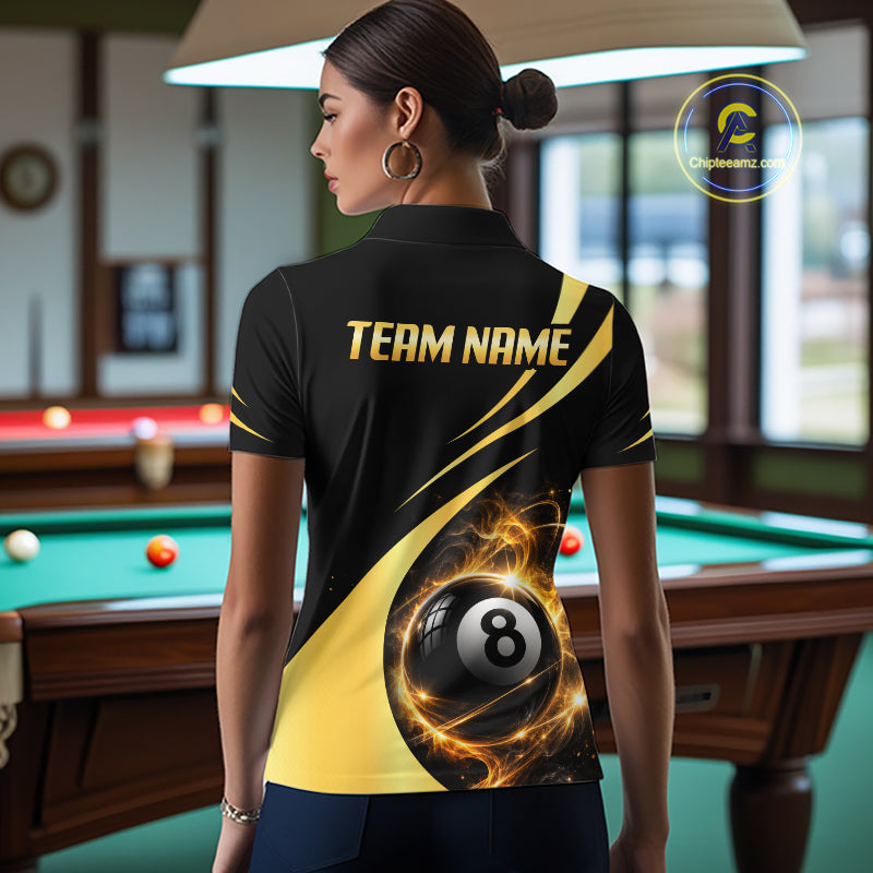 Personalized 8 Ball Fire Flame Billiard Team Jerseys Yellow Billiard Pool Shirts For Women NYN4028