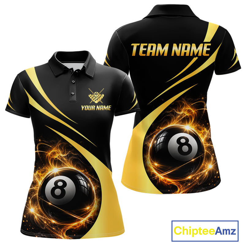 Personalized 8 Ball Fire Flame Billiard Team Jerseys Yellow Billiard Pool Shirts For Women NYN4028