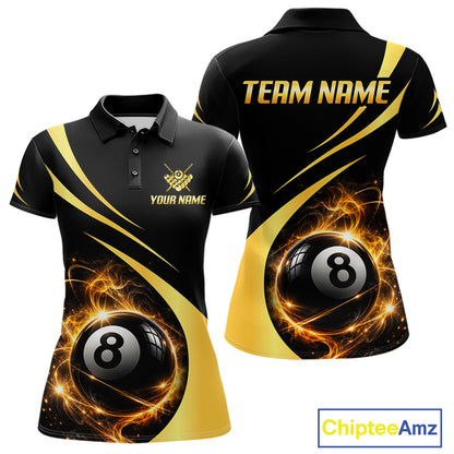 Personalized 8 Ball Fire Flame Billiard Team Jerseys Yellow Billiard Pool Shirts For Women NYN4028