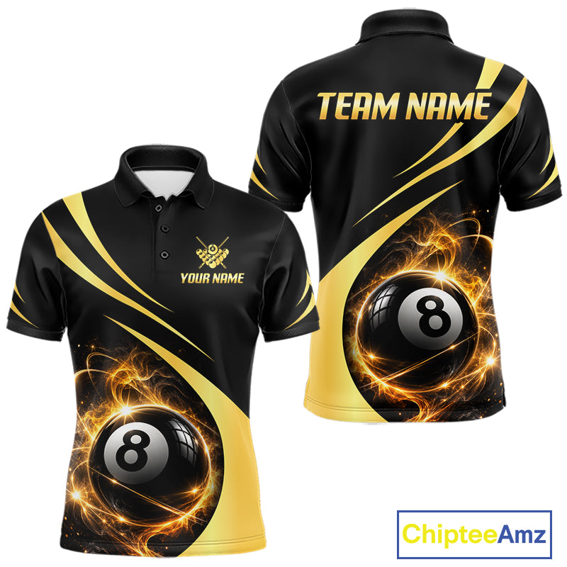 Personalized 8 Ball Fire Flame Billiard Team Jerseys Yellow Billiard Pool Shirts For Men NYN4028