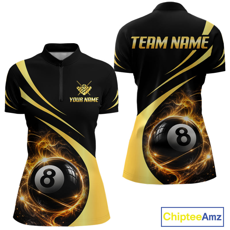 Personalized 8 Ball Fire Flame Billiard Team Jerseys Yellow Billiard Pool Shirts For Women NYN4028