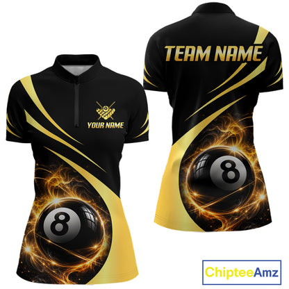 Personalized 8 Ball Fire Flame Billiard Team Jerseys Yellow Billiard Pool Shirts For Women NYN4028