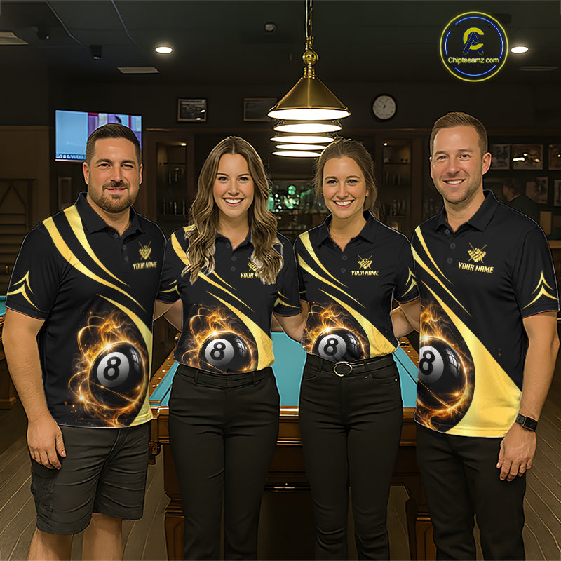 Personalized 8 Ball Fire Flame Billiard Team Jerseys Yellow Billiard Pool Shirts For Men NYN4028