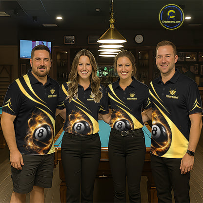 Personalized 8 Ball Fire Flame Billiard Team Jerseys Yellow Billiard Pool Shirts For Men NYN4028