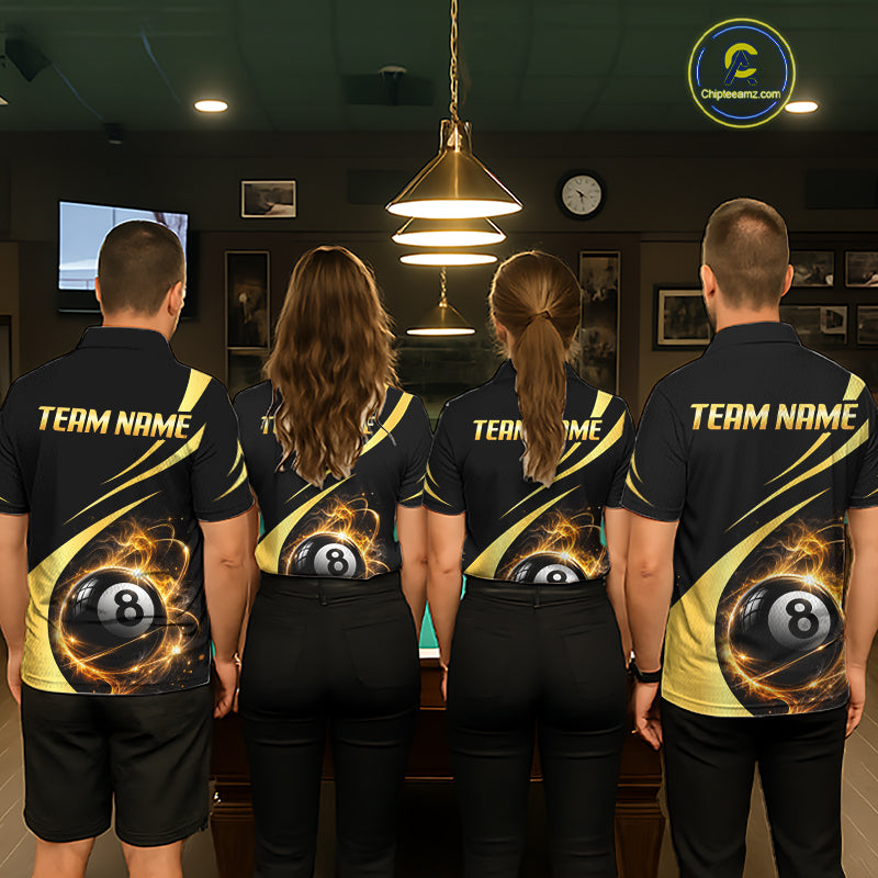 Personalized 8 Ball Fire Flame Billiard Team Jerseys Yellow Billiard Pool Shirts For Men NYN4028