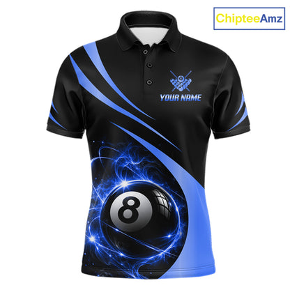 Personalized 8 Ball Fire Flame Billiard Team Jerseys Blue Billiard Pool Shirts For Men NYN4029