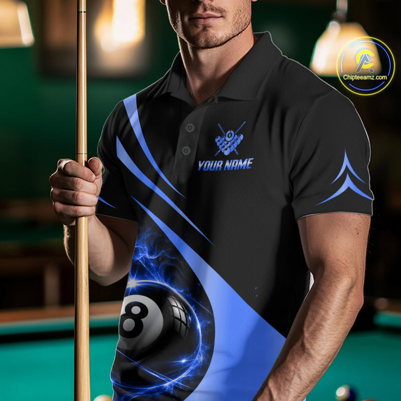 Personalized 8 Ball Fire Flame Billiard Team Jerseys Blue Billiard Pool Shirts For Men NYN4029