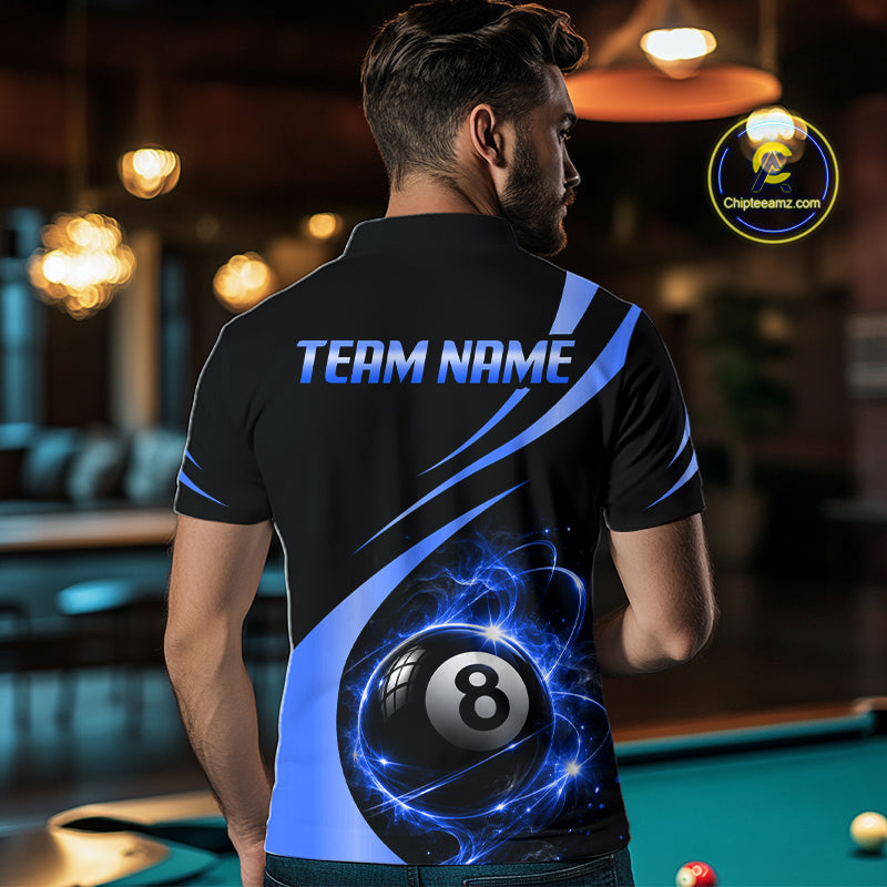 Personalized 8 Ball Fire Flame Billiard Team Jerseys Blue Billiard Pool Shirts For Men NYN4029