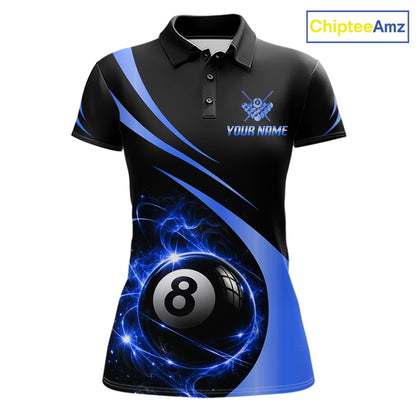 Personalized 8 Ball Fire Flame Billiard Team Jerseys Blue Billiard Pool Shirts For Women NYN4029