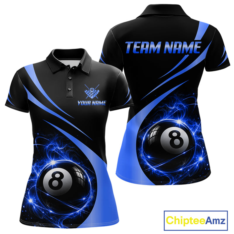Personalized 8 Ball Fire Flame Billiard Team Jerseys Blue Billiard Pool Shirts For Women NYN4029
