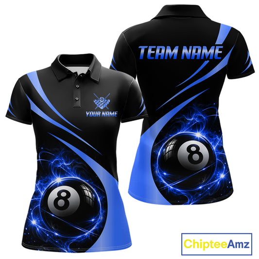 Personalized 8 Ball Fire Flame Billiard Team Jerseys Blue Billiard Pool Shirts For Women NYN4029