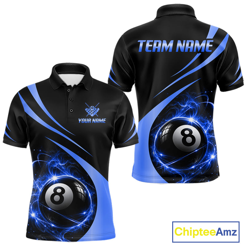 Personalized 8 Ball Fire Flame Billiard Team Jerseys Blue Billiard Pool Shirts For Men NYN4029