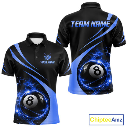 Personalized 8 Ball Fire Flame Billiard Team Jerseys Blue Billiard Pool Shirts For Men NYN4029