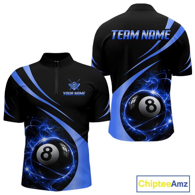 Personalized 8 Ball Fire Flame Billiard Team Jerseys Blue Billiard Pool Shirts For Men NYN4029