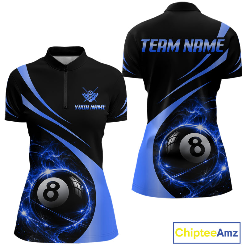 Personalized 8 Ball Fire Flame Billiard Team Jerseys Blue Billiard Pool Shirts For Women NYN4029