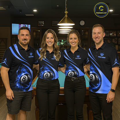 Personalized 8 Ball Fire Flame Billiard Team Jerseys Blue Billiard Pool Shirts For Women NYN4029
