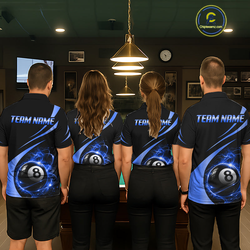 Personalized 8 Ball Fire Flame Billiard Team Jerseys Blue Billiard Pool Shirts For Women NYN4029
