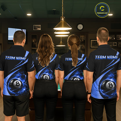 Personalized 8 Ball Fire Flame Billiard Team Jerseys Blue Billiard Pool Shirts For Women NYN4029