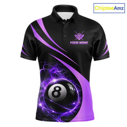 Personalized 8 Ball Fire Flame Billiard Team Jerseys Purple Billiard Pool Shirts For Men NYN4030