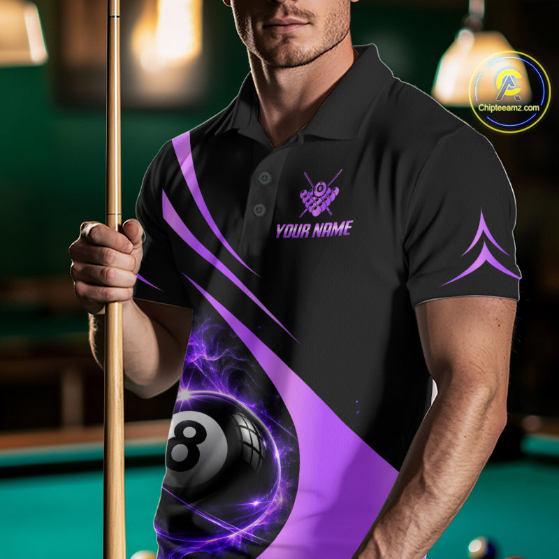 Personalized 8 Ball Fire Flame Billiard Team Jerseys Purple Billiard Pool Shirts For Men NYN4030