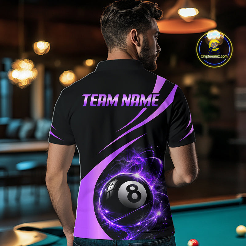 Personalized 8 Ball Fire Flame Billiard Team Jerseys Purple Billiard Pool Shirts For Men NYN4030