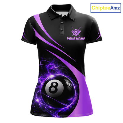 Personalized 8 Ball Fire Flame Billiard Team Jerseys Purple Billiard Pool Shirts For Women NYN4030