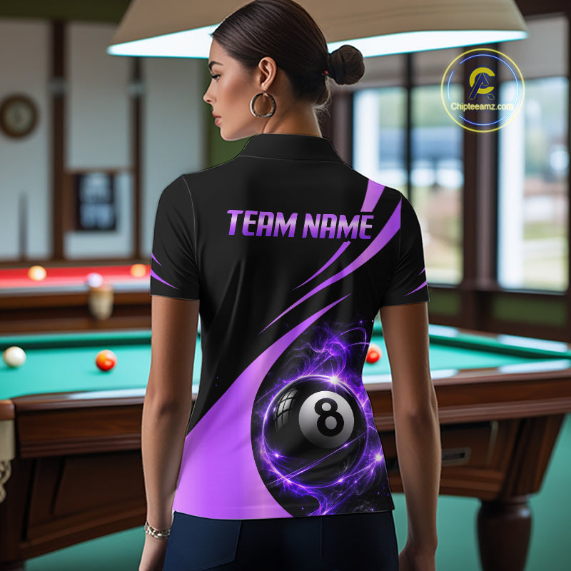Personalized 8 Ball Fire Flame Billiard Team Jerseys Purple Billiard Pool Shirts For Women NYN4030