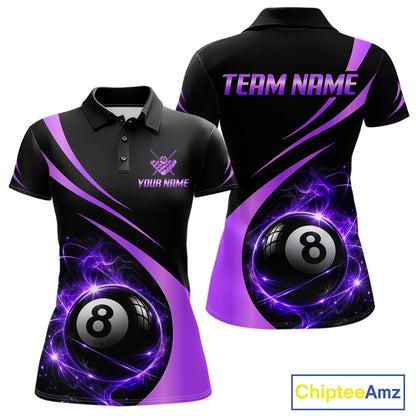 Personalized 8 Ball Fire Flame Billiard Team Jerseys Purple Billiard Pool Shirts For Women NYN4030