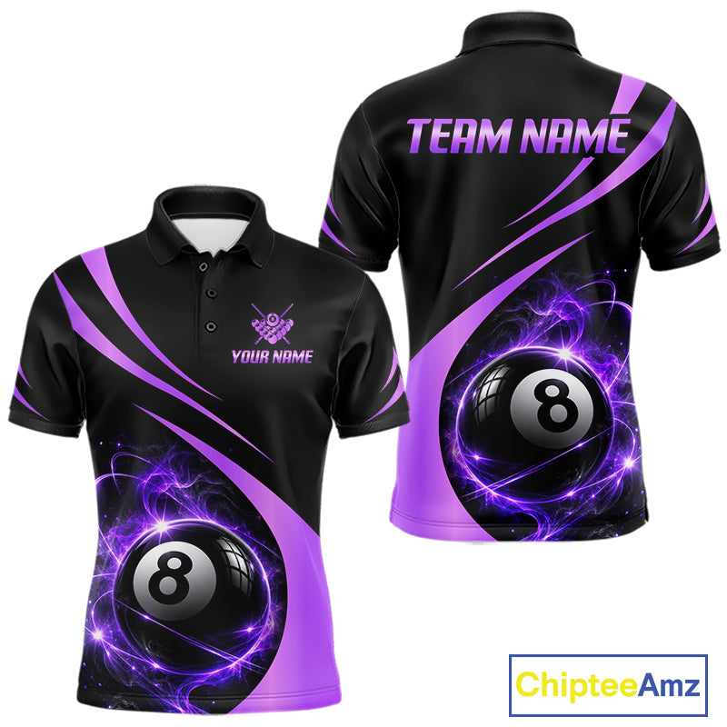 Personalized 8 Ball Fire Flame Billiard Team Jerseys Purple Billiard Pool Shirts For Men NYN4030