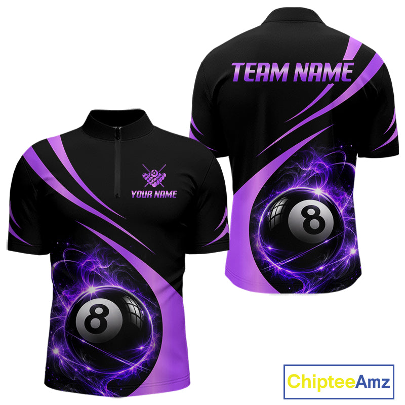 Personalized 8 Ball Fire Flame Billiard Team Jerseys Purple Billiard Pool Shirts For Men NYN4030