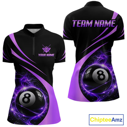 Personalized 8 Ball Fire Flame Billiard Team Jerseys Purple Billiard Pool Shirts For Women NYN4030
