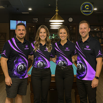 Personalized 8 Ball Fire Flame Billiard Team Jerseys Purple Billiard Pool Shirts For Women NYN4030