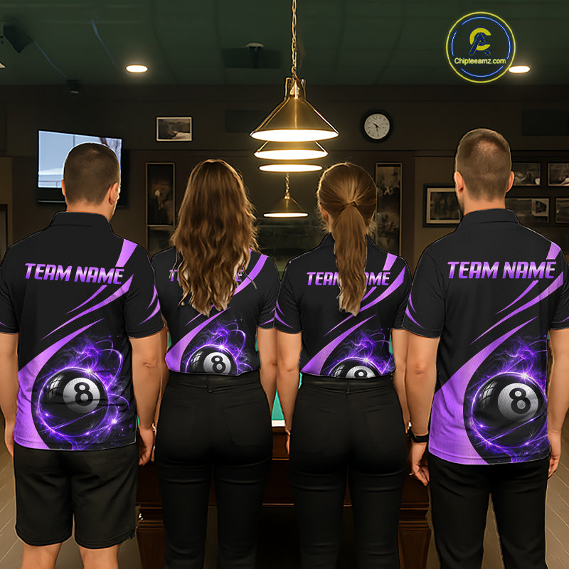Personalized 8 Ball Fire Flame Billiard Team Jerseys Purple Billiard Pool Shirts For Women NYN4030
