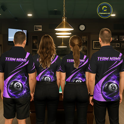 Personalized 8 Ball Fire Flame Billiard Team Jerseys Purple Billiard Pool Shirts For Women NYN4030