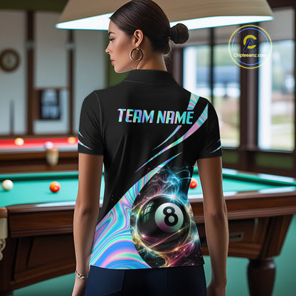 Custom 8 Ball Colorful Flame Billiard Team Jersey Holographic Billiard Pool Shirts For Women NYN4031