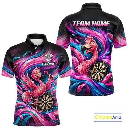 Personalized Men Flamingo Darts Polo 1/4-Zip Shirt Neon Pink & Blue Funny Darts Team Uniform NYN4793