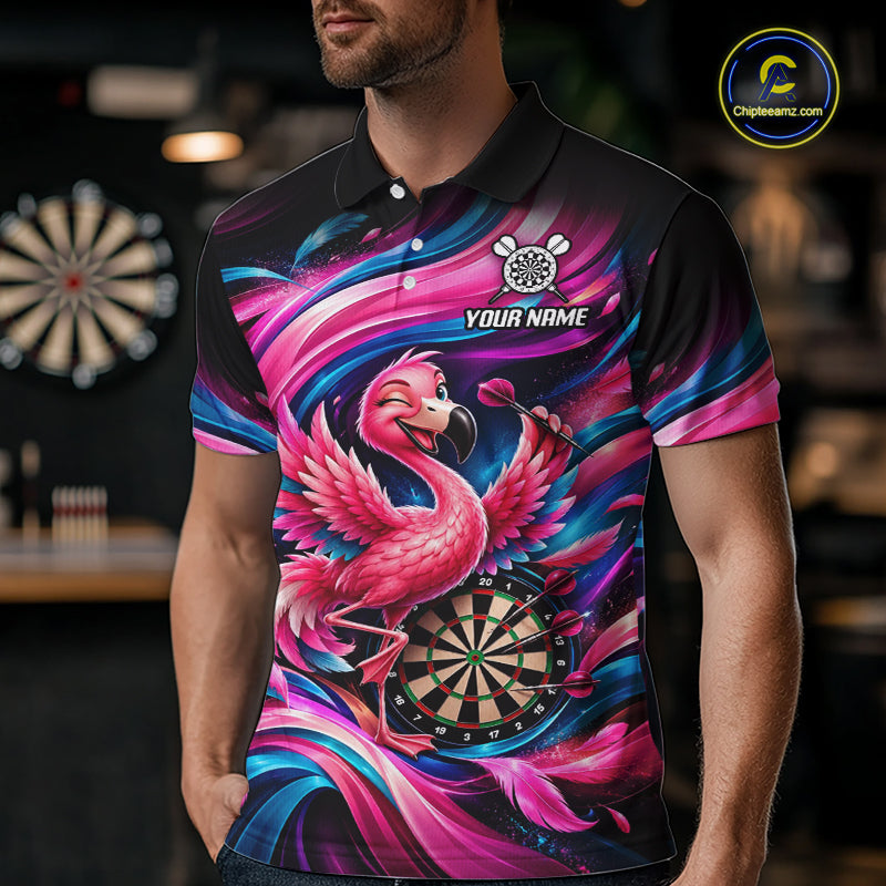 Personalized Men Flamingo Darts Polo 1/4-Zip Shirt Neon Pink & Blue Funny Darts Team Uniform NYN4793