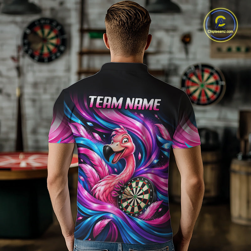 Personalized Men Flamingo Darts Polo 1/4-Zip Shirt Neon Pink & Blue Funny Darts Team Uniform NYN4793