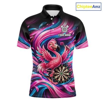 Personalized Men Flamingo Darts Polo 1/4-Zip Shirt Neon Pink & Blue Funny Darts Team Uniform NYN4793