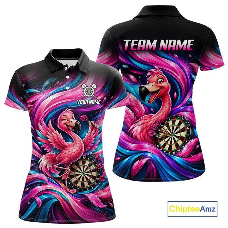 Personalized Women Flamingo Darts Polo 1/4-Zip Shirt Neon Pink & Blue Funny Darts Team Uniform NYN4793