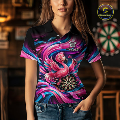 Personalized Women Flamingo Darts Polo 1/4-Zip Shirt Neon Pink & Blue Funny Darts Team Uniform NYN4793