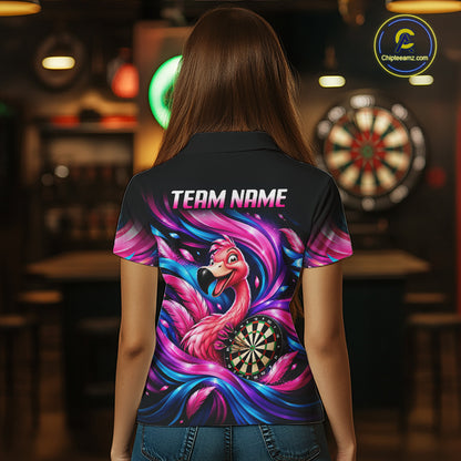 Personalized Women Flamingo Darts Polo 1/4-Zip Shirt Neon Pink & Blue Funny Darts Team Uniform NYN4793