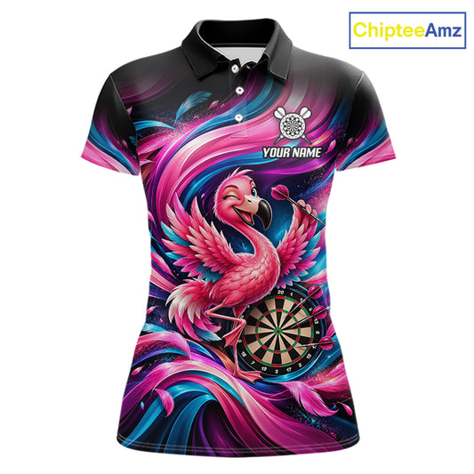Personalized Women Flamingo Darts Polo 1/4-Zip Shirt Neon Pink & Blue Funny Darts Team Uniform NYN4793