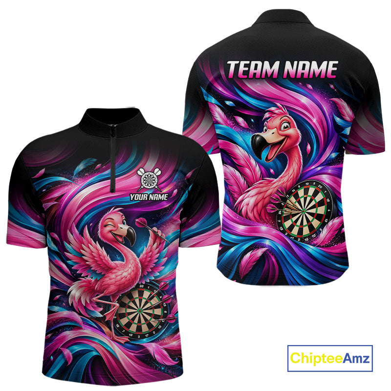 Personalized Men Flamingo Darts Polo 1/4-Zip Shirt Neon Pink & Blue Funny Darts Team Uniform NYN4793