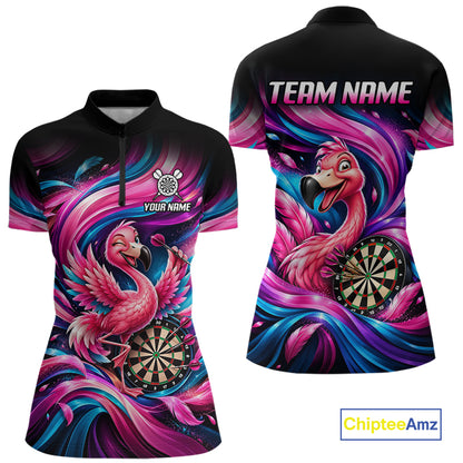 Personalized Women Flamingo Darts Polo 1/4-Zip Shirt Neon Pink & Blue Funny Darts Team Uniform NYN4793